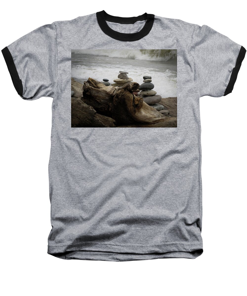  Baseball T-Shirt featuring the photograph Driftwood Cairns #1 by Kimberly Mackowski