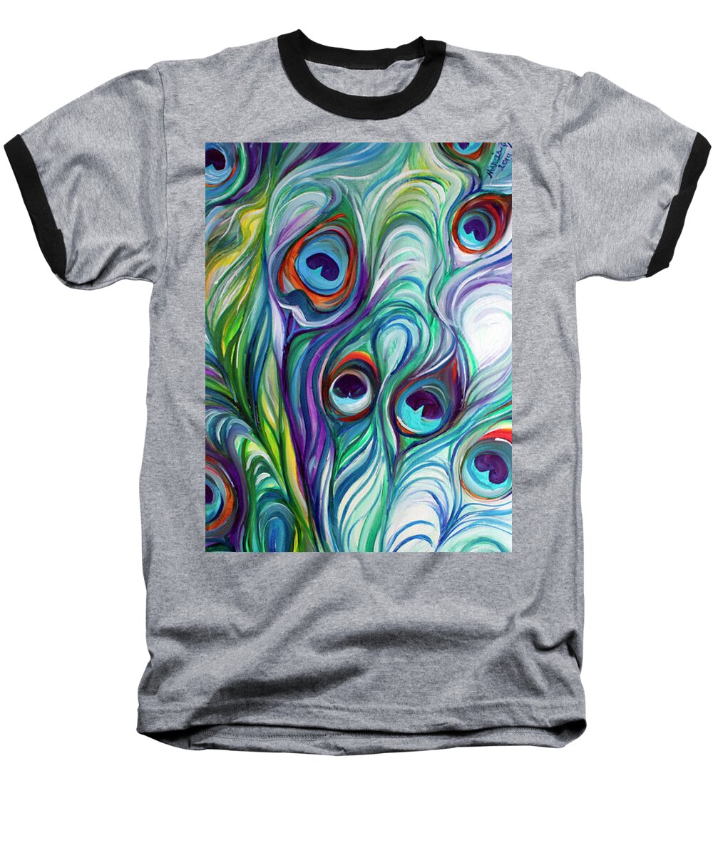 Peacock Baseball T-Shirt featuring the painting Feathers Peacock Abstract #1 by Marcia Baldwin