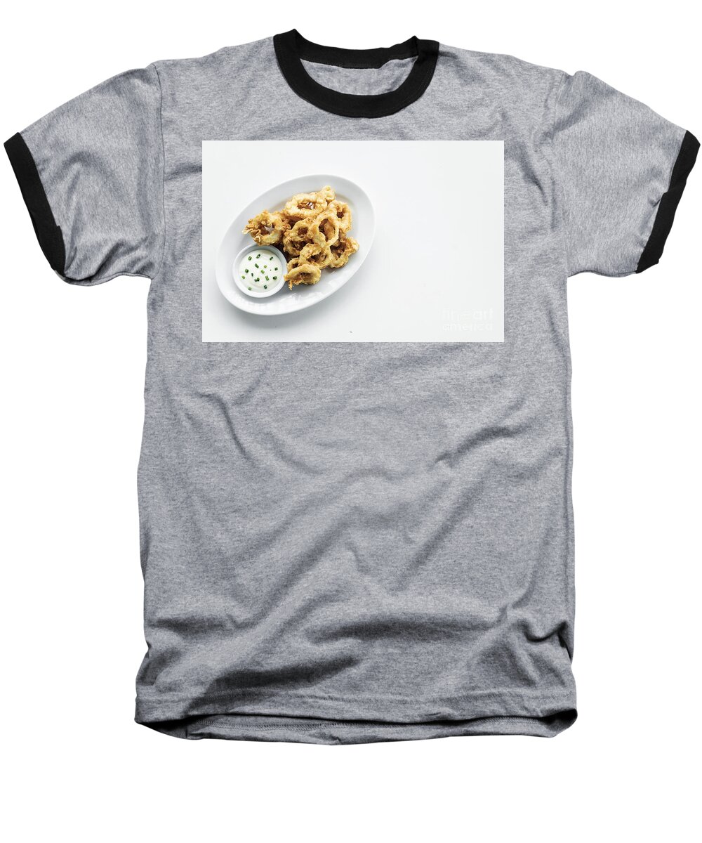 Aioli Baseball T-Shirt featuring the photograph Fried Calamari Squid Rings With Aioli Garlic Sauce #1 by JM Travel Photography