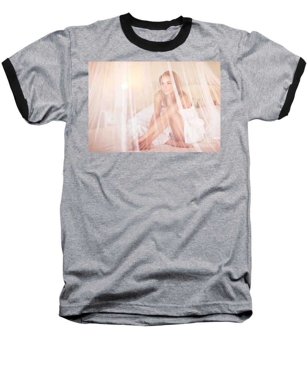 Adult Baseball T-Shirt featuring the photograph Gentle woman in the bed #1 by Anna Om