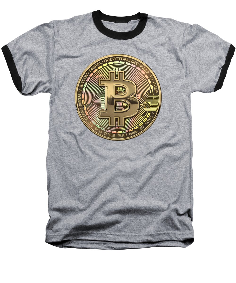 ‘money’ Collection By Serge Averbukh Baseball T-Shirt featuring the photograph Gold Bitcoin Effigy over Red Canvas #1 by Serge Averbukh