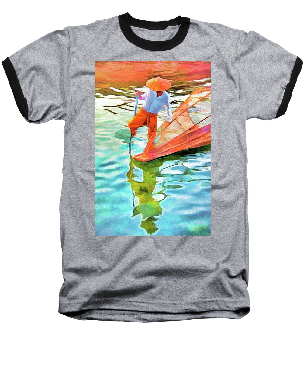 Myanmar Baseball T-Shirt featuring the photograph Inle Lake Leg-Rower #1 by Dennis Cox