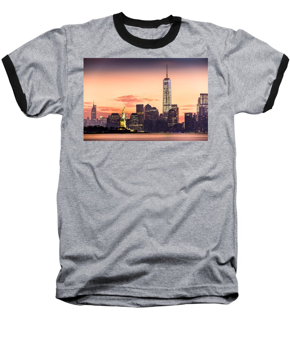 Hudson River Baseball T-Shirt featuring the photograph Lower Manhattan and the Statue of Liberty at sunrise #1 by Mihai Andritoiu
