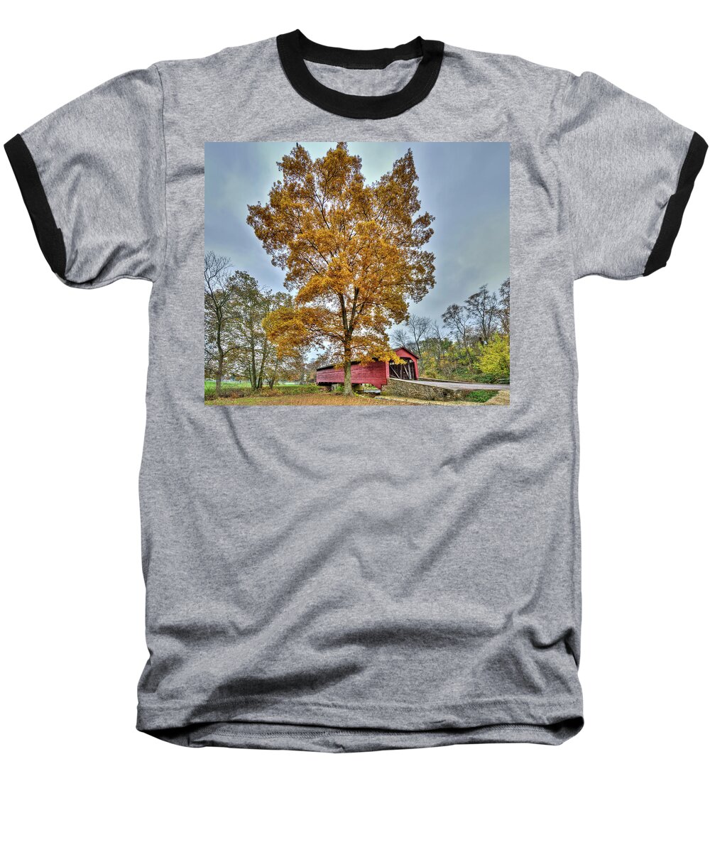 Covered Bridge Baseball T-Shirt featuring the photograph Maryland Covered Bridge in Autumn #1 by Patrick Wolf