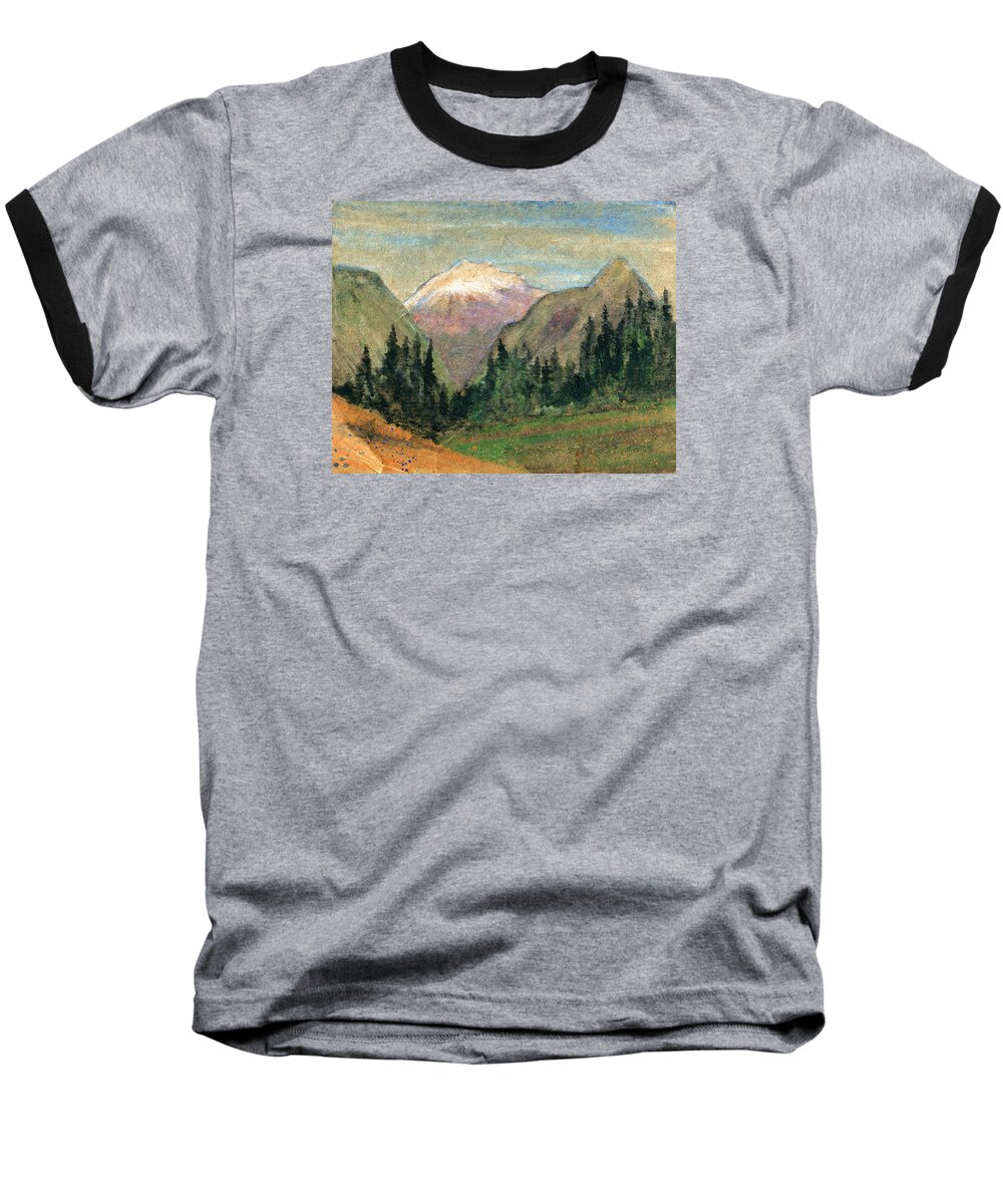 Trees Valley Pine Fir Tree Silhouette Restful Relaxing Relaxed Relax Quiet Peaceful Peace Painting Light Kyllo Calming Calm Blue Black Base Artwork Art Mountain Mountains Peak Peaks Glacial Forest Woods Rock Rocky Magnificent Grand Gorgeous Imposing Majestic Beauty Nature Natural Untouched Alpine Grove Vista View Scene Expanse Baseball T-Shirt featuring the painting Mountain View #1 by R Kyllo