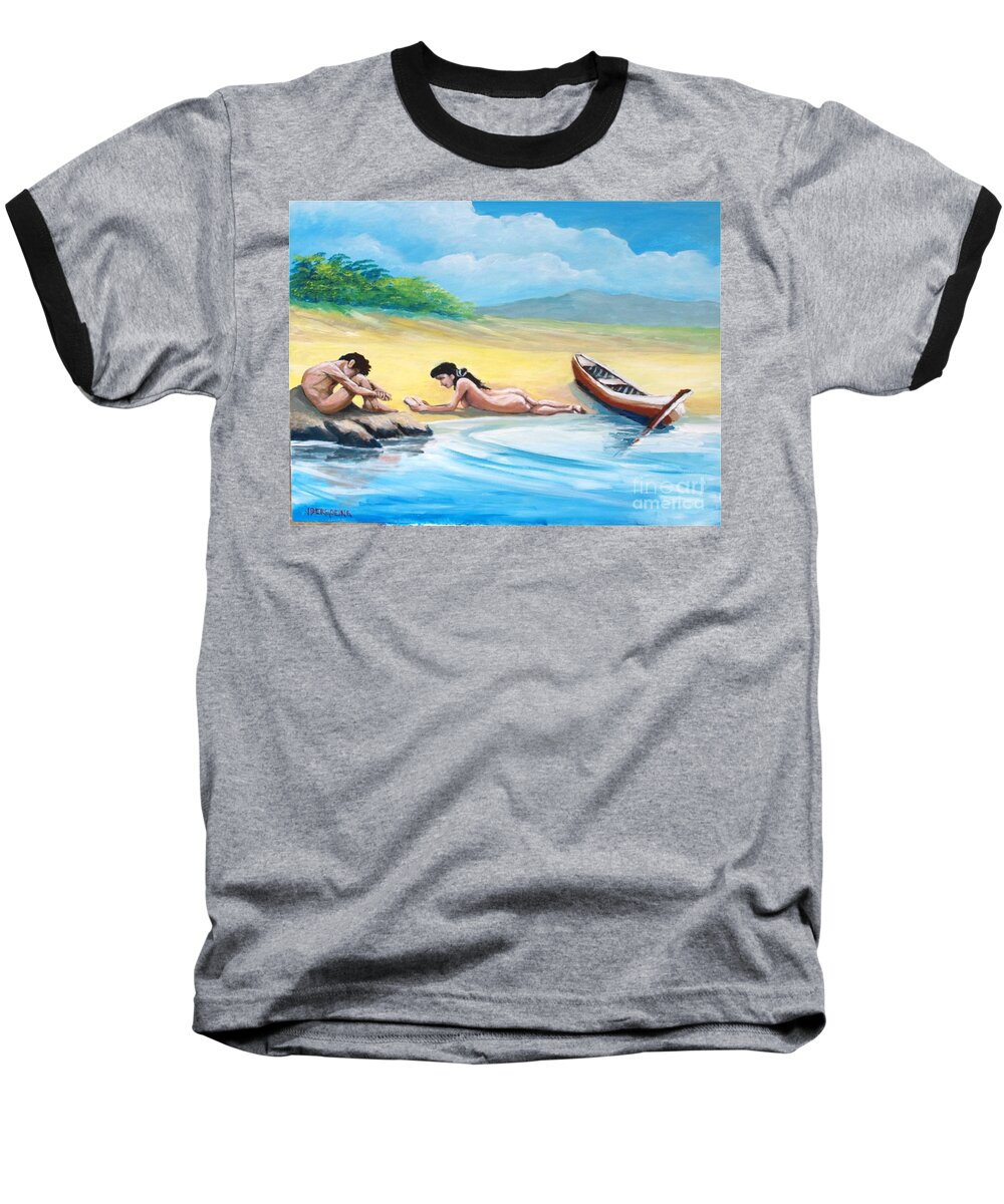 Beach Baseball T-Shirt featuring the painting On the beach #1 by Jean Pierre Bergoeing