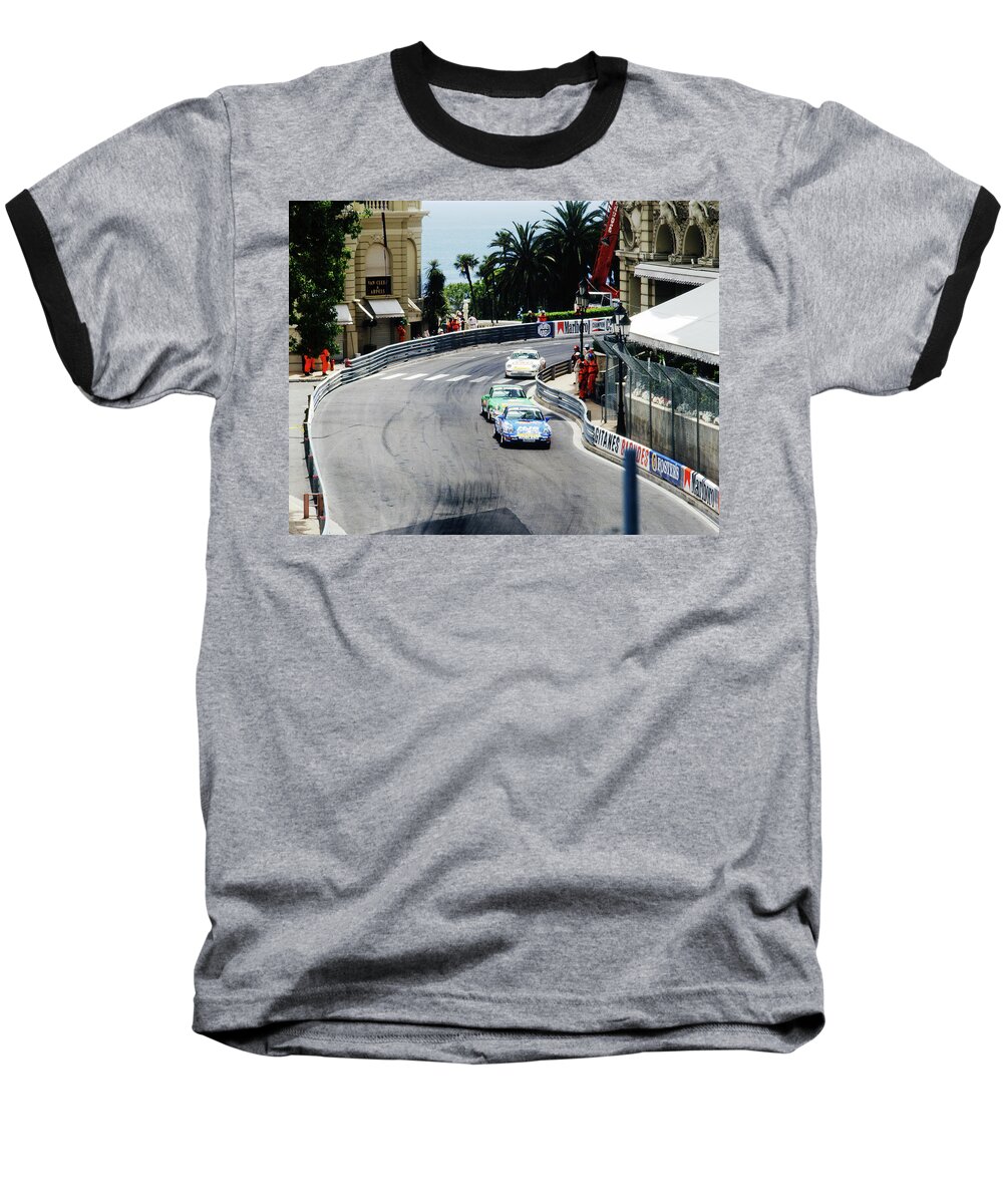 Porsche Racing Baseball T-Shirt featuring the photograph Porsches at Monte Carlo Casino Square #1 by John Bowers