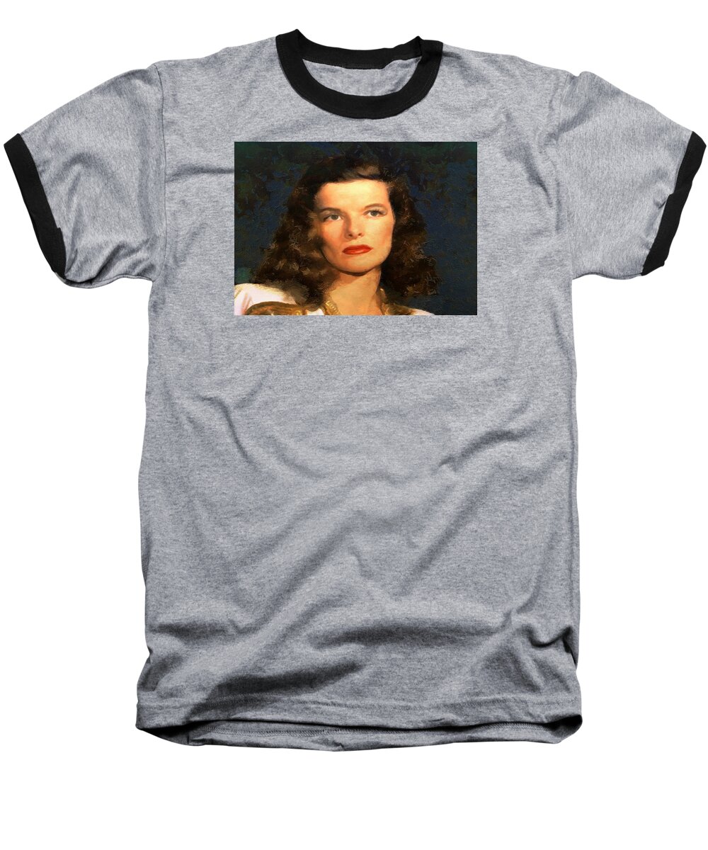 Portrait Baseball T-Shirt featuring the digital art Portrait of Katherine Hepburn #1 by Charmaine Zoe