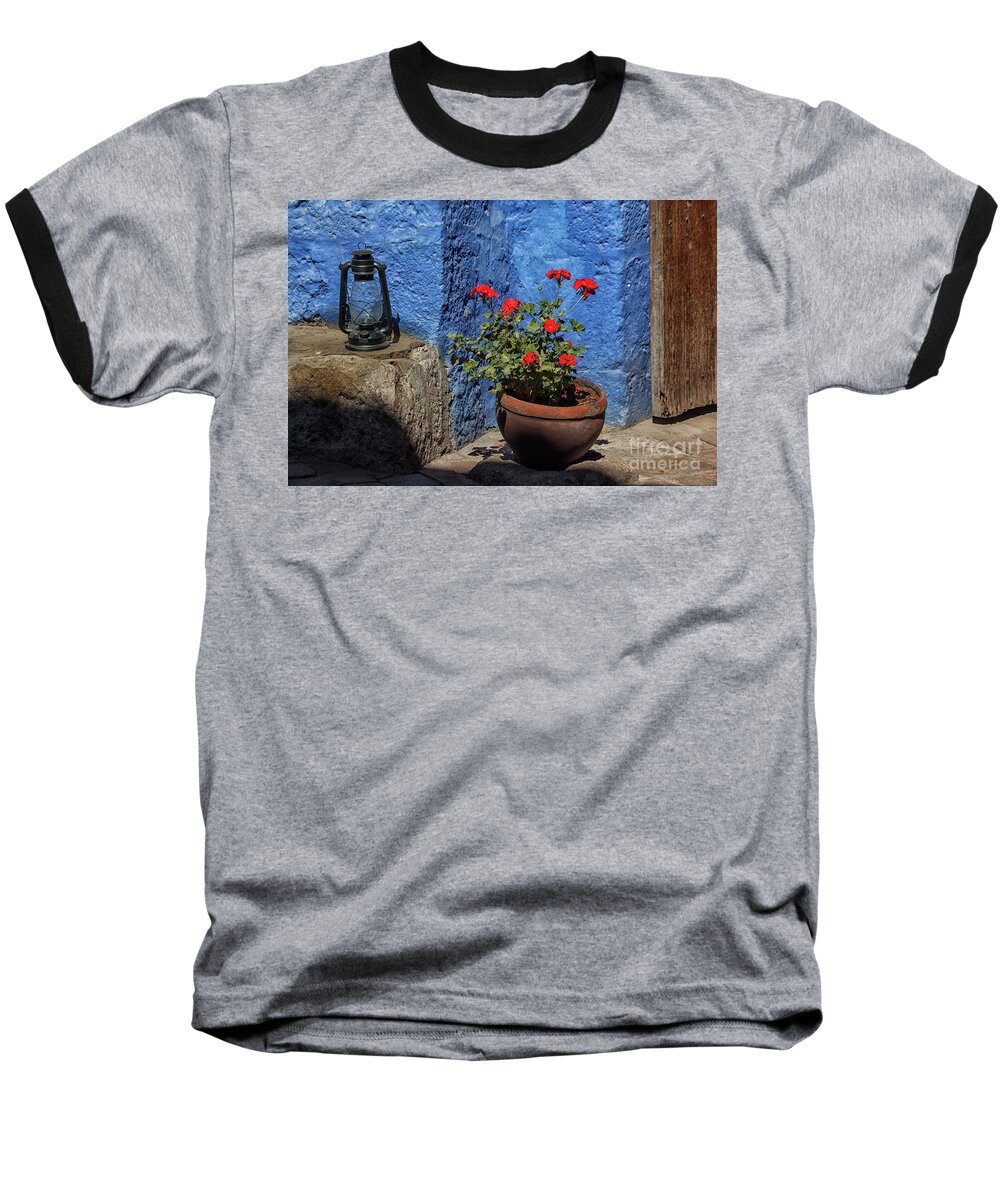 Geranium Baseball T-Shirt featuring the photograph Red geranium near a blue wall by Patricia Hofmeester