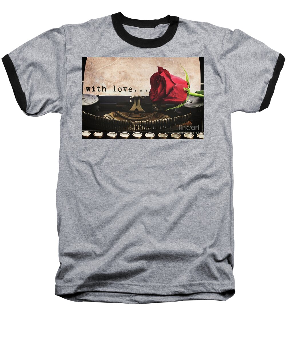 Typewriter Baseball T-Shirt featuring the photograph Red Rose On Typewriter #1 by Anastasy Yarmolovich