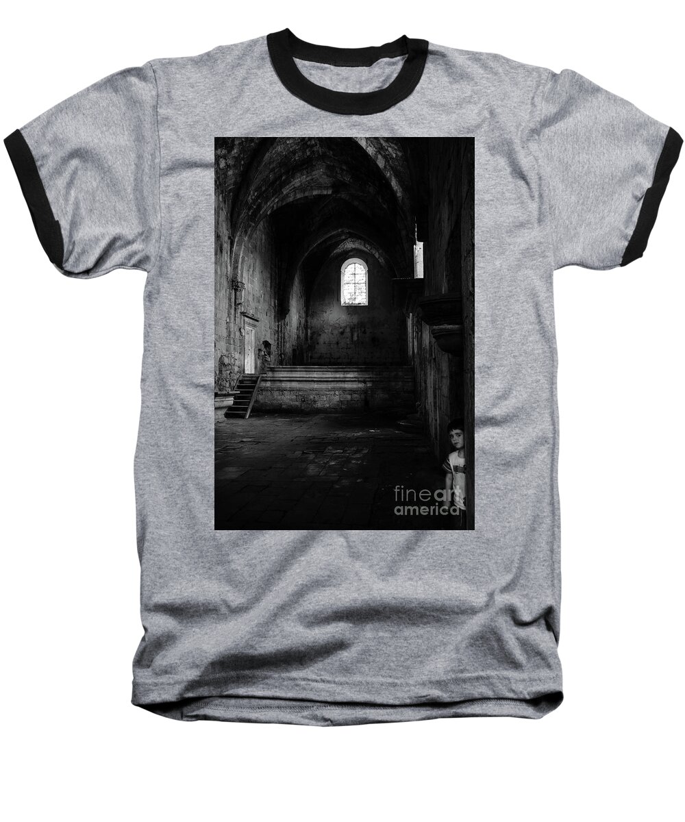 Burgos Baseball T-Shirt featuring the photograph Rioseco Abandoned Abbey Nave Bw #1 by RicardMN Photography