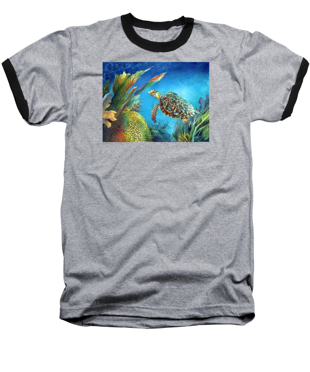Canvas Prints Baseball T-Shirt featuring the painting Sea Escape IV - Hawksbill Turtle Flying Free #1 by Nancy Tilles
