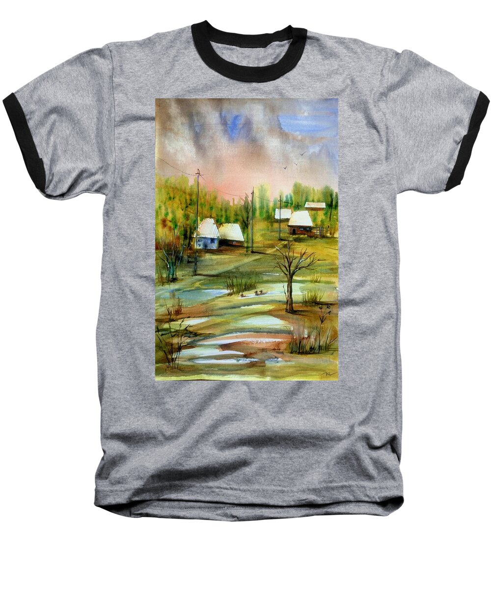 Village Baseball T-Shirt featuring the painting Sleepy village #1 by Katerina Kovatcheva