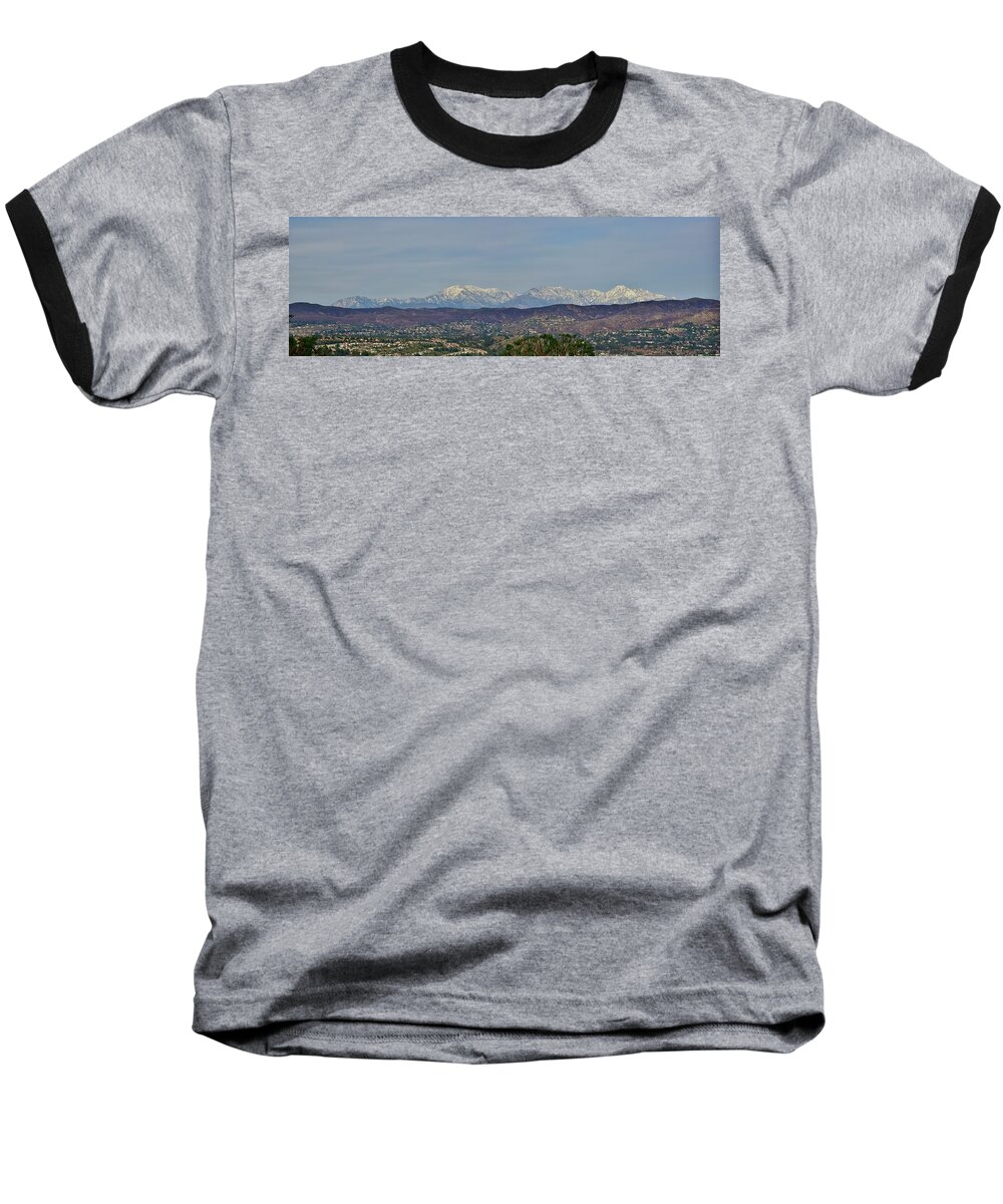 Linda Brody Baseball T-Shirt featuring the photograph Snow Capped San Gabriel Mountains Panorama 1 by Linda Brody