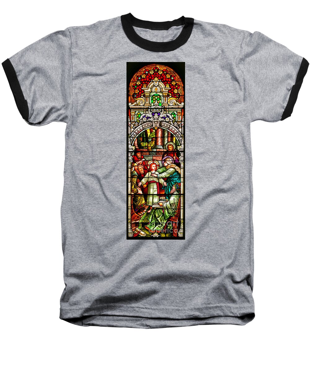 Cathedral Of The Plains Baseball T-Shirt featuring the photograph Stained Glass Scene 3 Crop by Adam Jewell