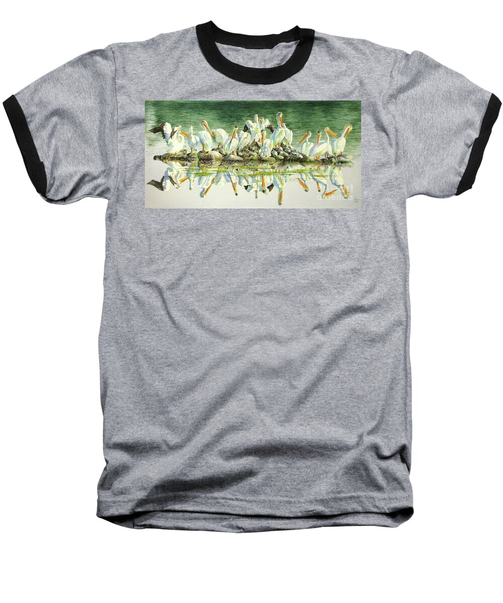 Pelican Baseball T-Shirt featuring the painting Standing Room Only #1 by Greg and Linda Halom