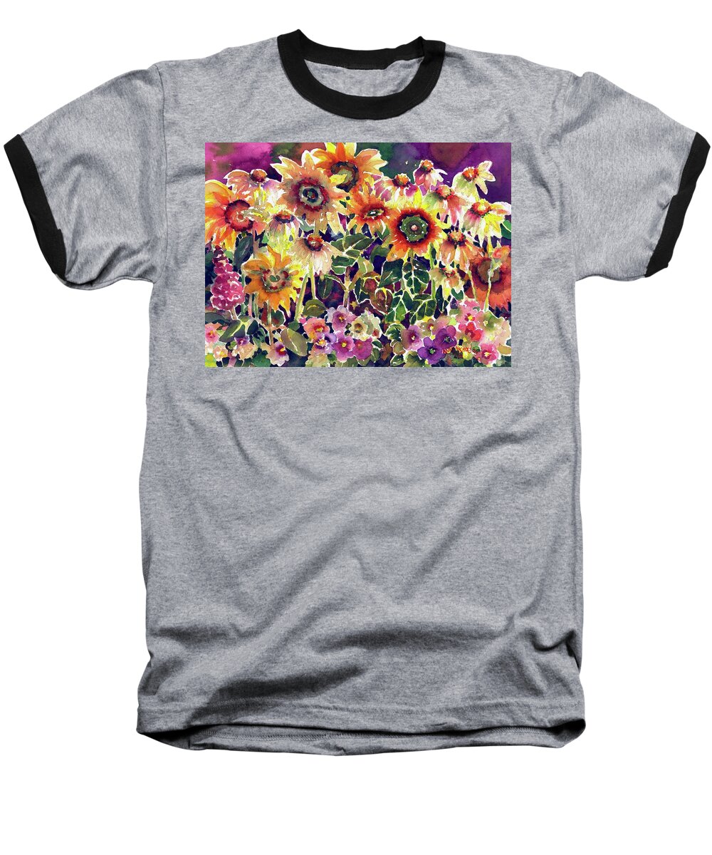 Watercolor Baseball T-Shirt featuring the painting Sunflower Garden #1 by Ann Nicholson