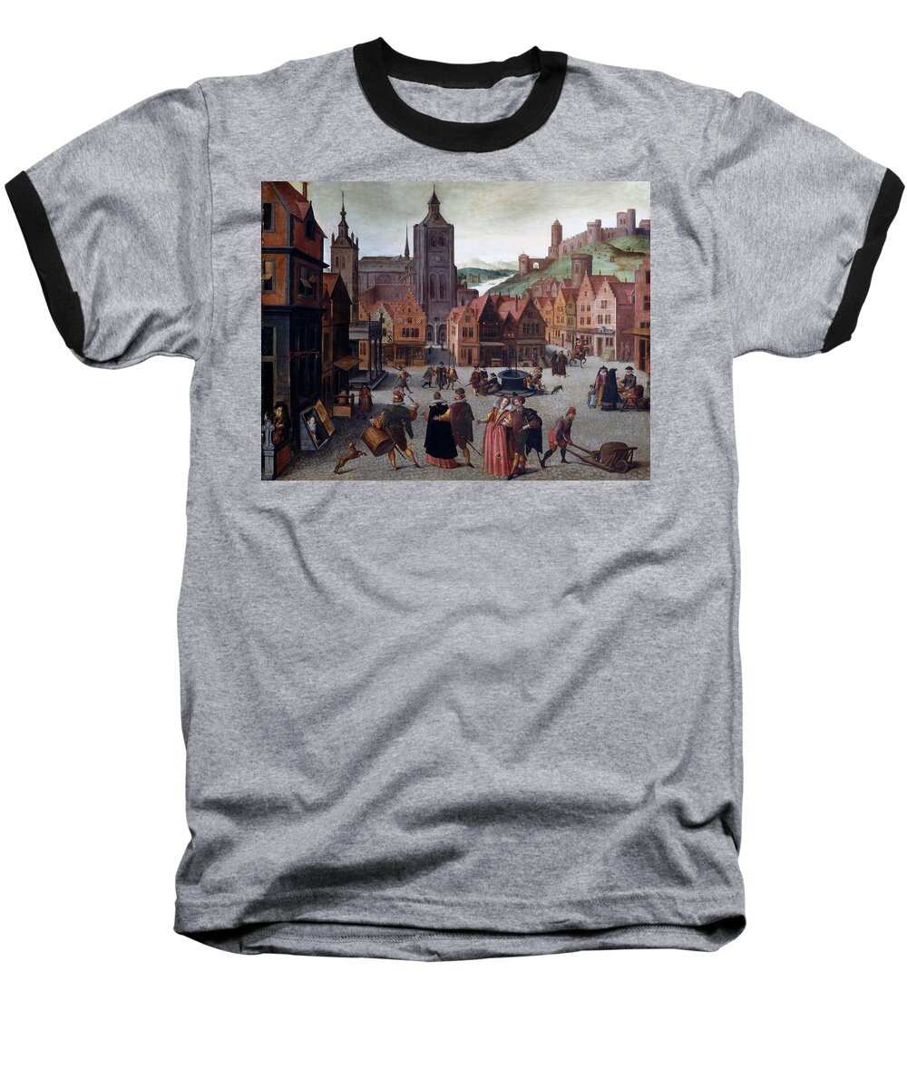 Attributed To Abel Grimmer Baseball T-Shirt featuring the painting The Marketplace in Bergen op Zoom #1 by Attributed to Abel Grimmer