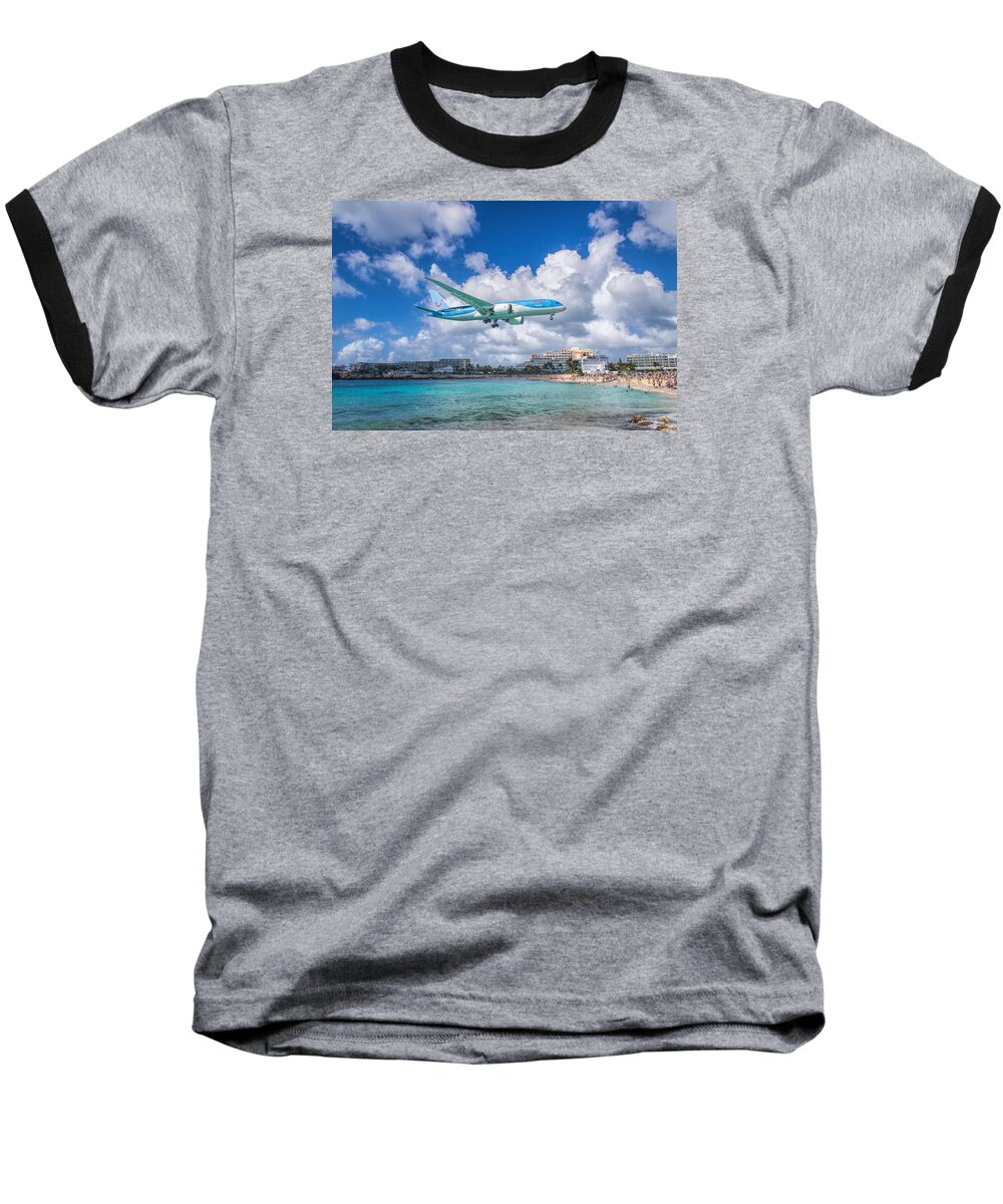 Tui Airlines Baseball T-Shirt featuring the photograph TUI Airlines Netherlands landing at St. Maarten airport. #1 by David Gleeson