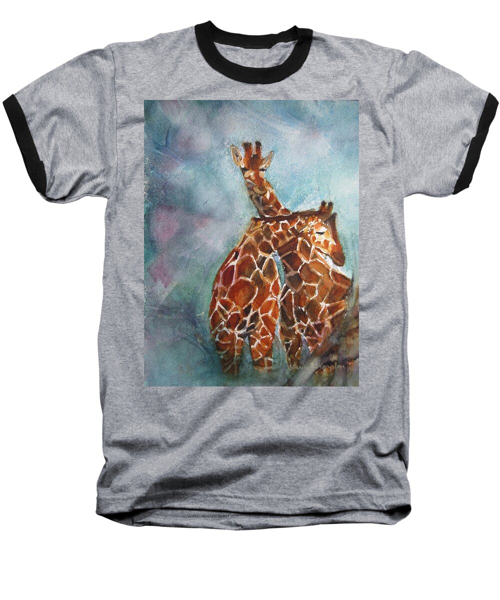 Two Giraffes Baseball T-Shirt featuring the painting Two Giraffes by Denice Palanuk Wilson