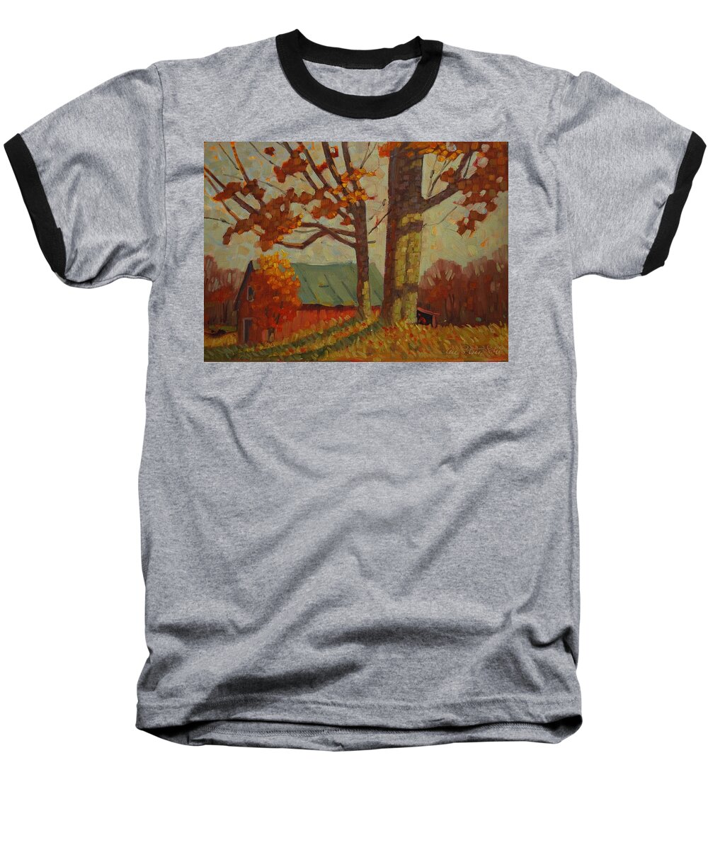 Red Barn Baseball T-Shirt featuring the painting Upstate New York #1 by Len Stomski