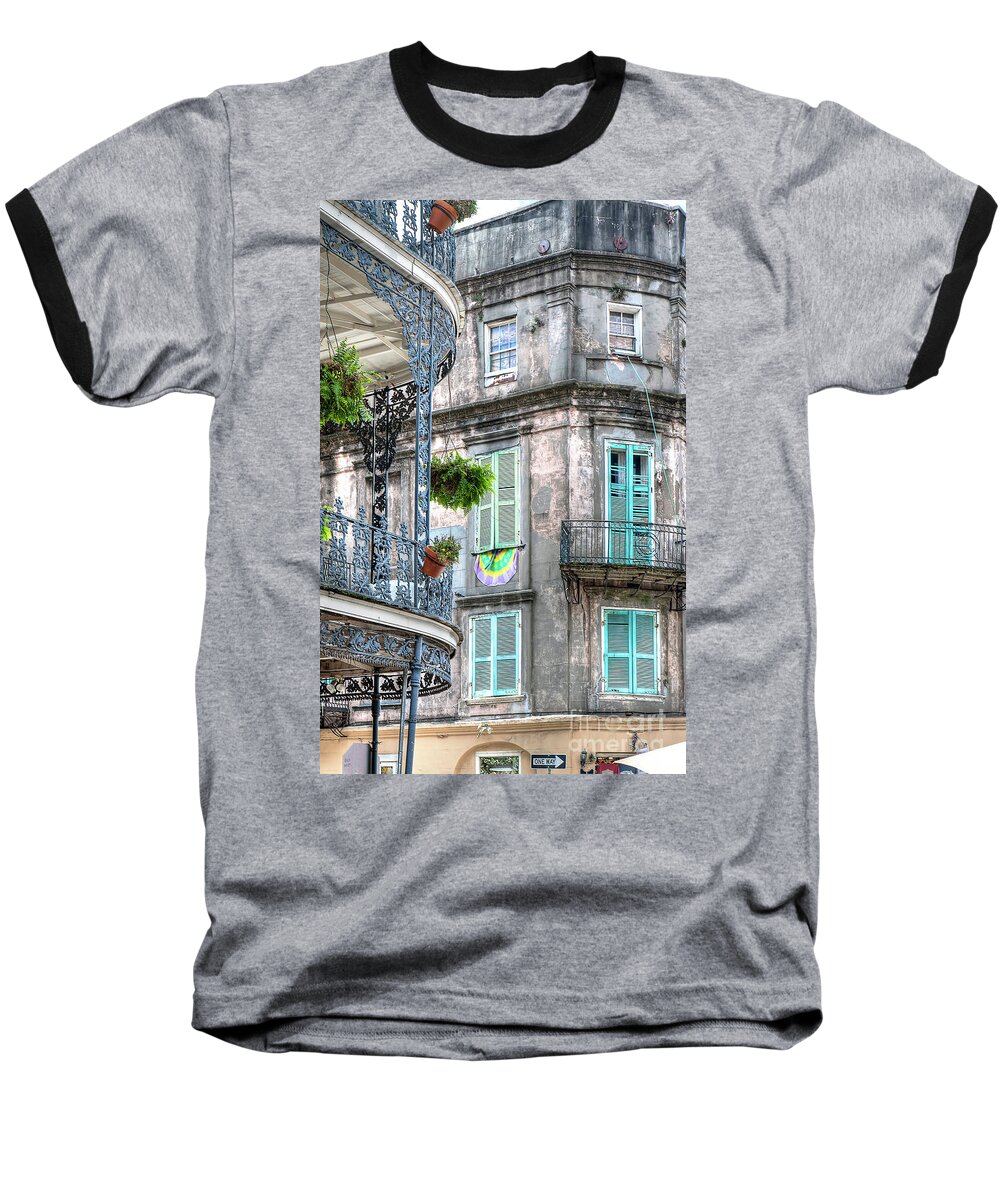 French Baseball T-Shirt featuring the photograph 1358 French Quarter Balconies by Steve Sturgill