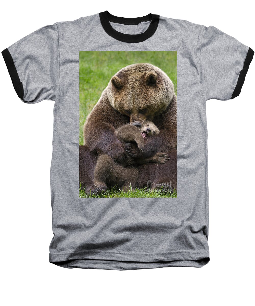Cute Baseball T-Shirt featuring the photograph Mother bear cuddling cub by Arterra Picture Library