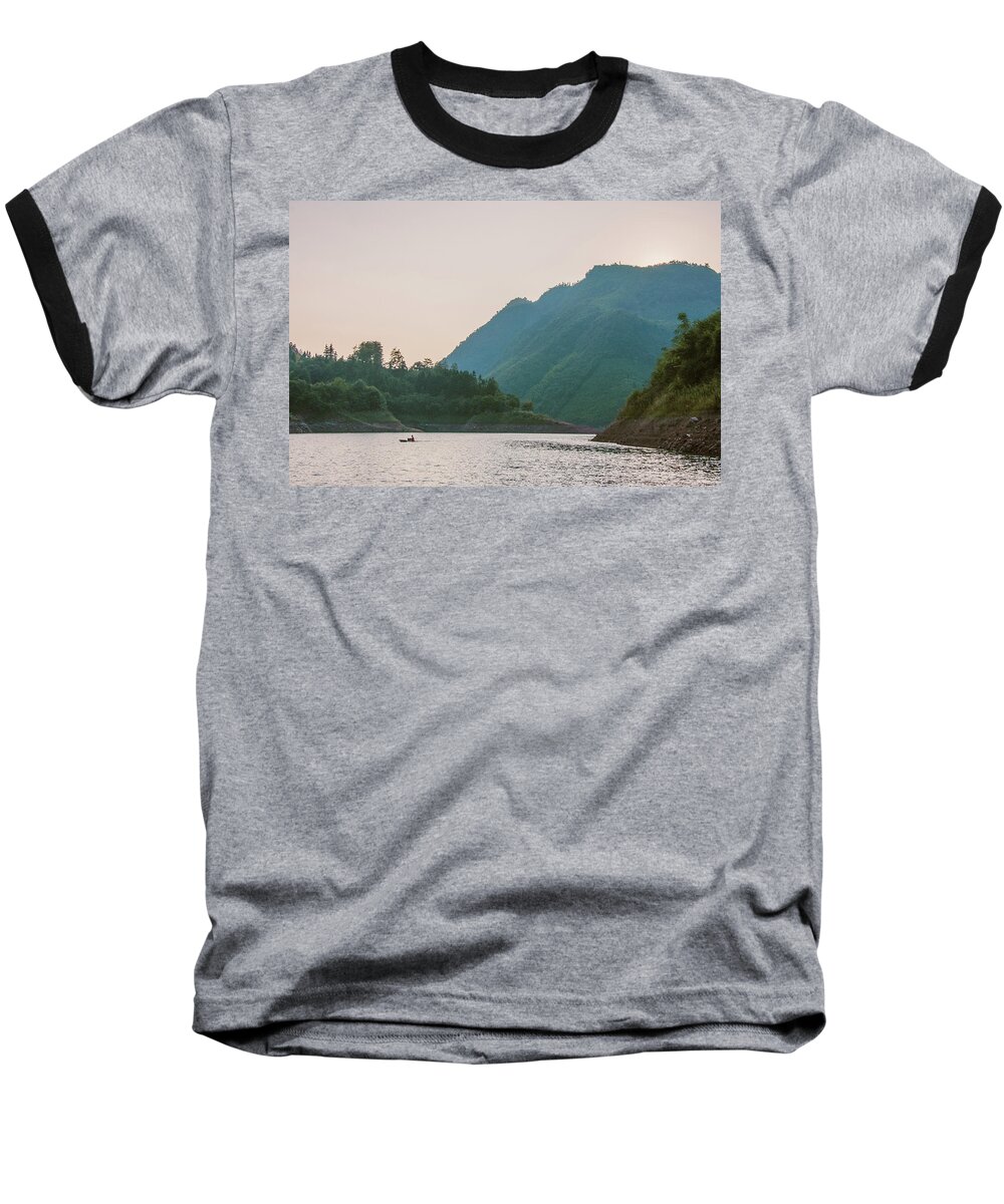 Red Baseball T-Shirt featuring the photograph The mountains and lake scenery in sunset #16 by Carl Ning