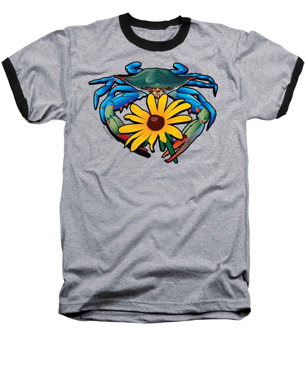 Maryland Crab Baseball T-Shirt featuring the digital art Blue Crab Maryland Black-Eyed Susan #2 by Joe Barsin