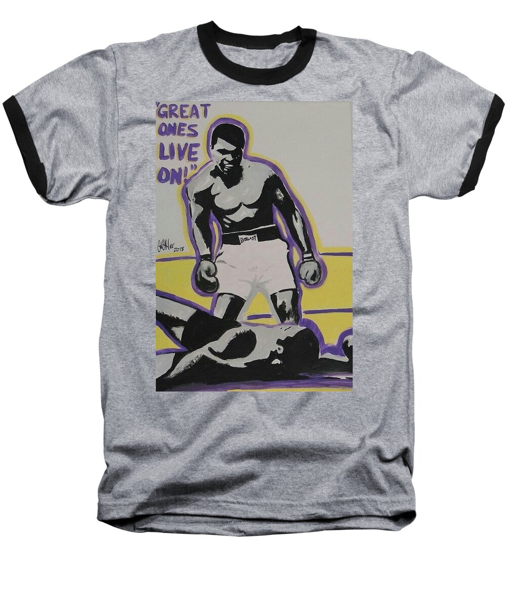 Ali Baseball T-Shirt featuring the painting Great Ones Live On #2 by Antonio Moore