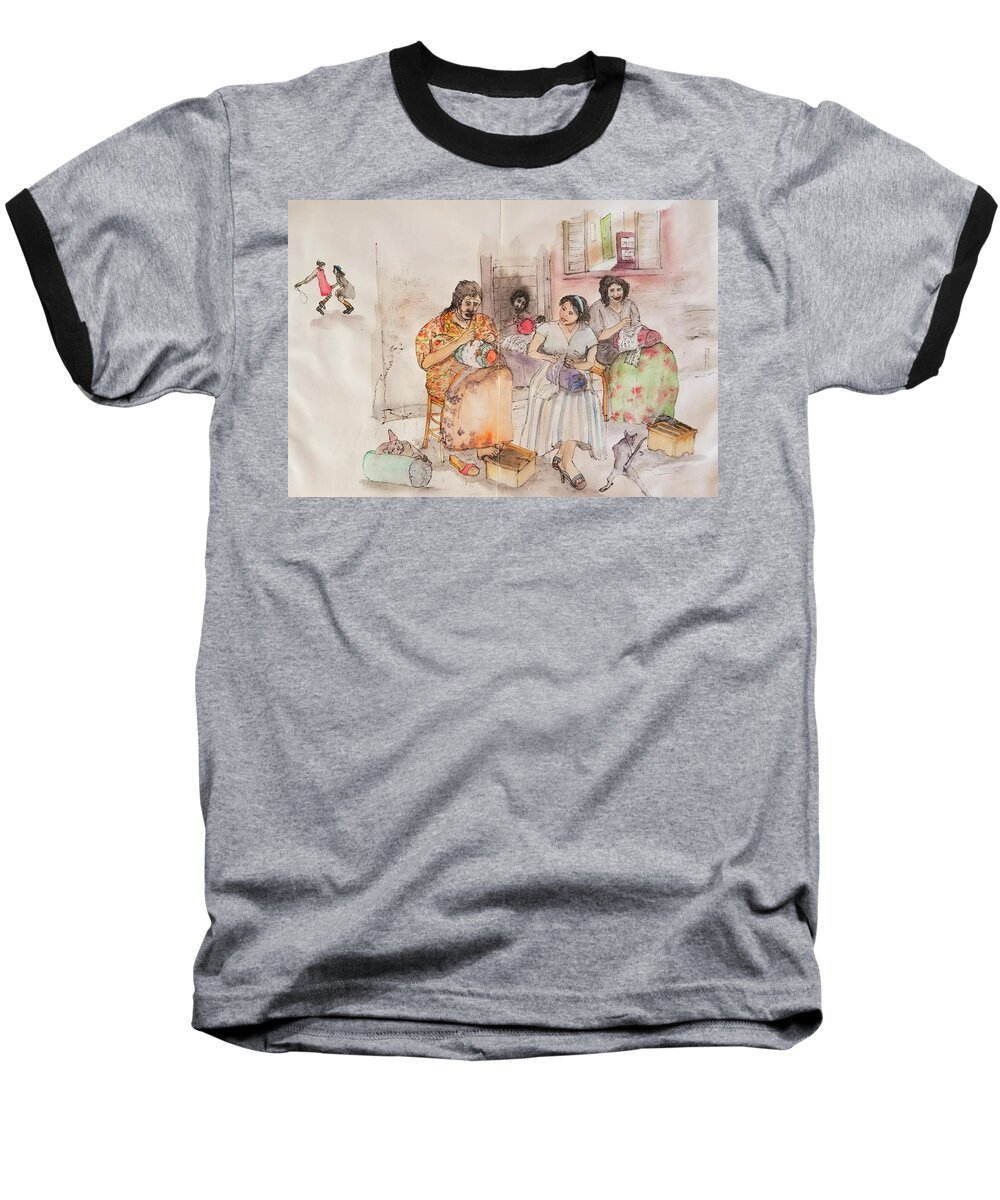 Italy. Lace Making.women. Children.hairless Cats Baseball T-Shirt featuring the painting Italy Life Love And Linguini Album #2 by Debbi Saccomanno Chan