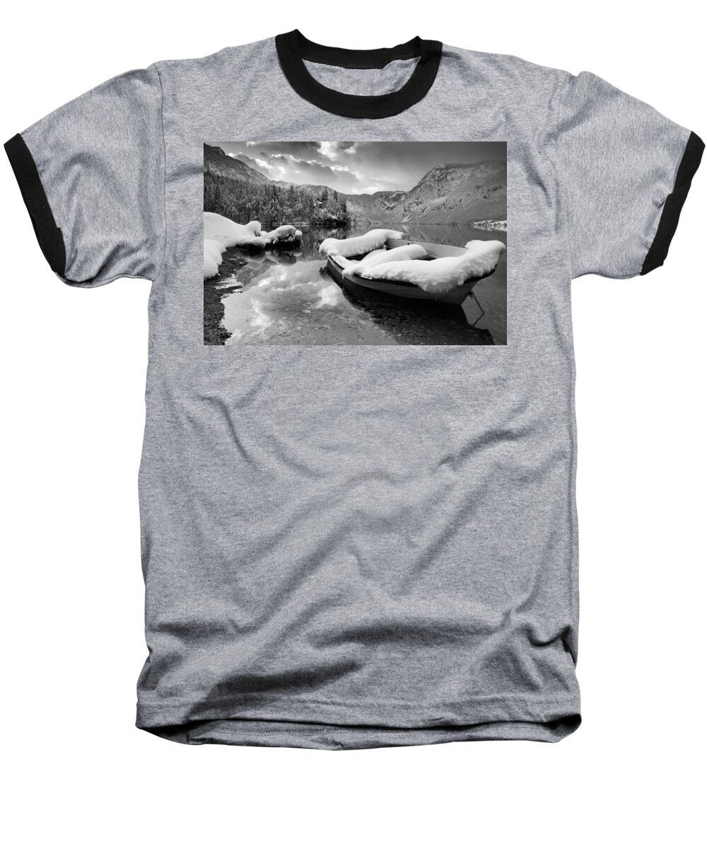 Bohinj Baseball T-Shirt featuring the photograph Snow covered boat on Lake Bohinj in Winter #2 by Ian Middleton