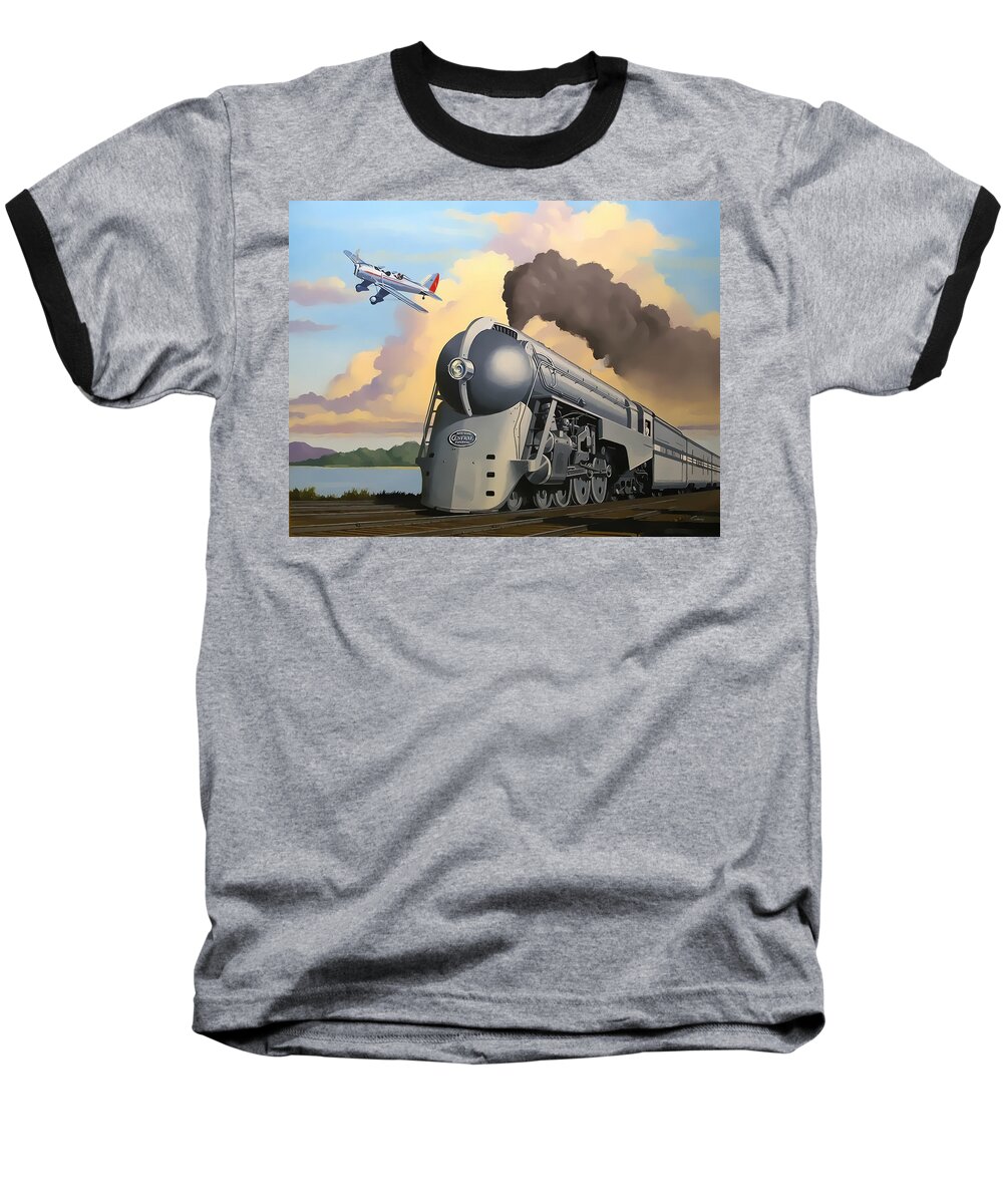 20th Century Limited Baseball T-Shirt featuring the digital art 20th Century Limited and Plane by Chuck Staley