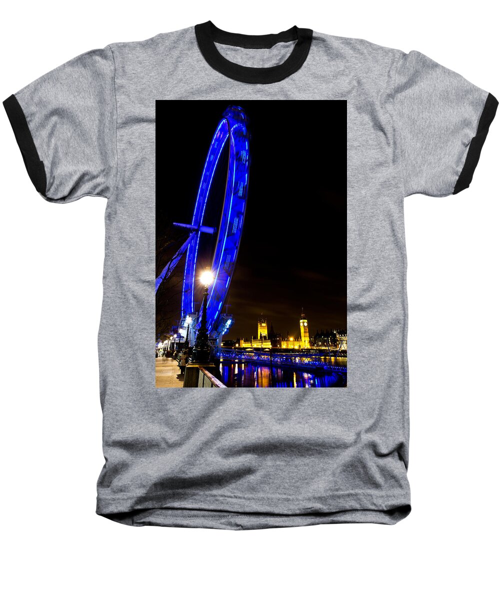 London Eye Baseball T-Shirt featuring the photograph London Eye Night View #3 by David Pyatt