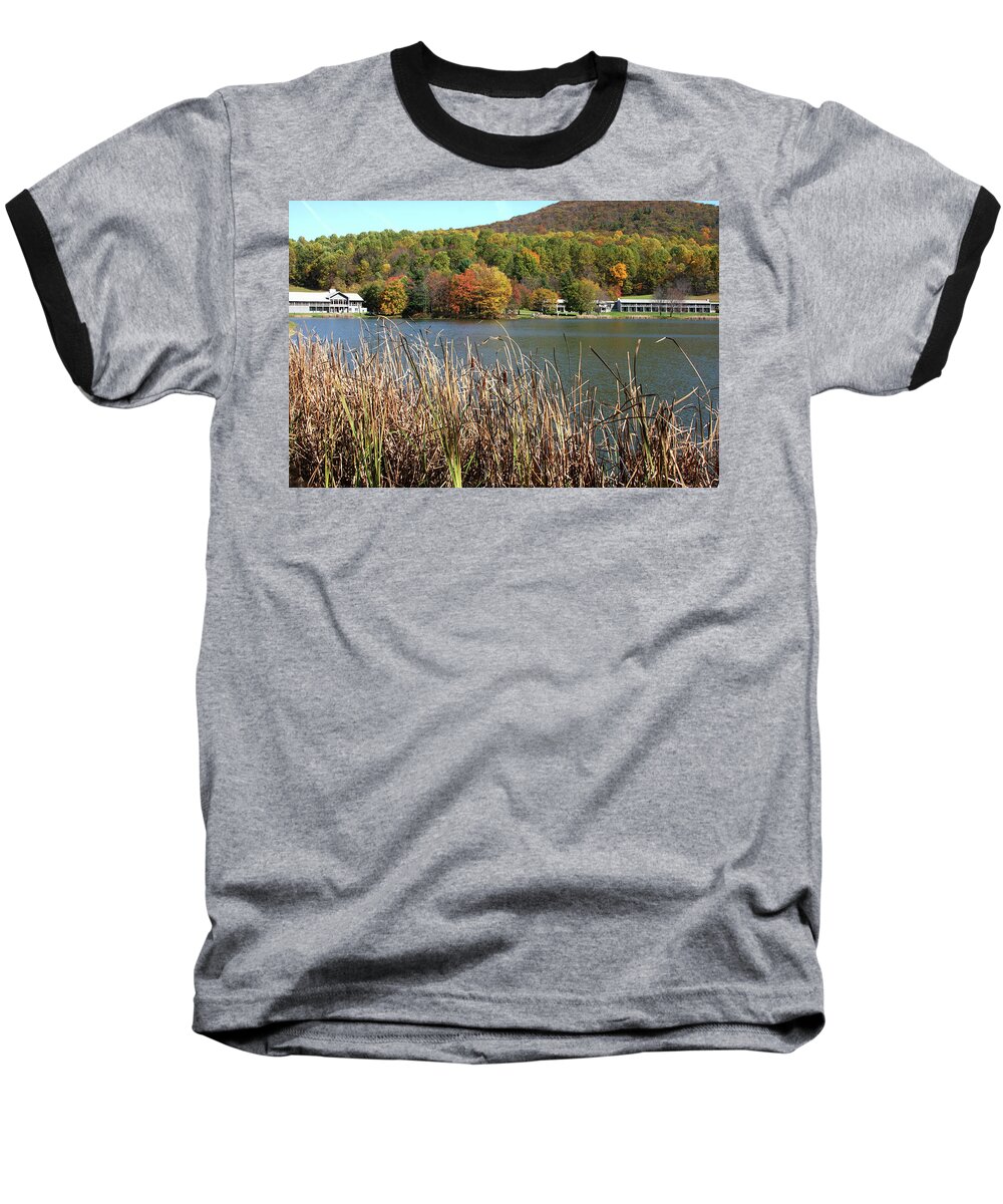 Lake Baseball T-Shirt featuring the photograph View of Peaks of Otter lodge and Abbott Lake in autumn #3 by Emanuel Tanjala
