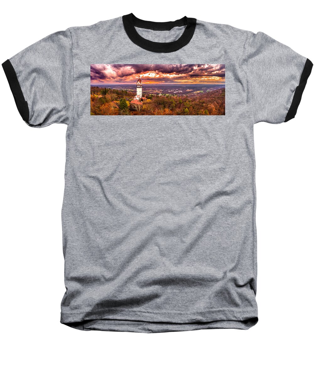 Heublein Baseball T-Shirt featuring the photograph Heublein Tower, Simsbury Connecticut, Cloudy Sunset #4 by Mike Gearin