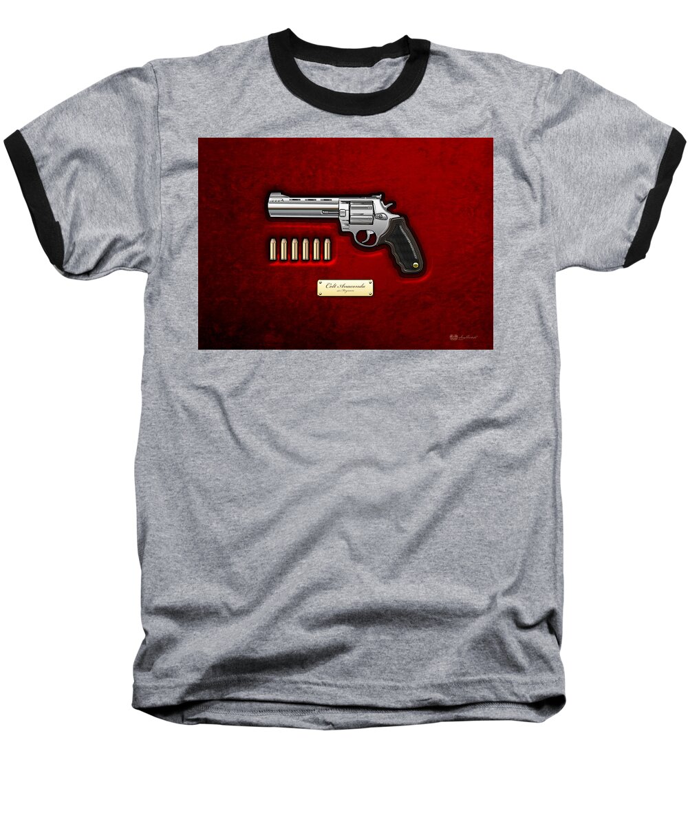 The Armory By Serge Averbukh Baseball T-Shirt featuring the photograph .44 Magnum Colt Anaconda on Red Velvet #44 by Serge Averbukh