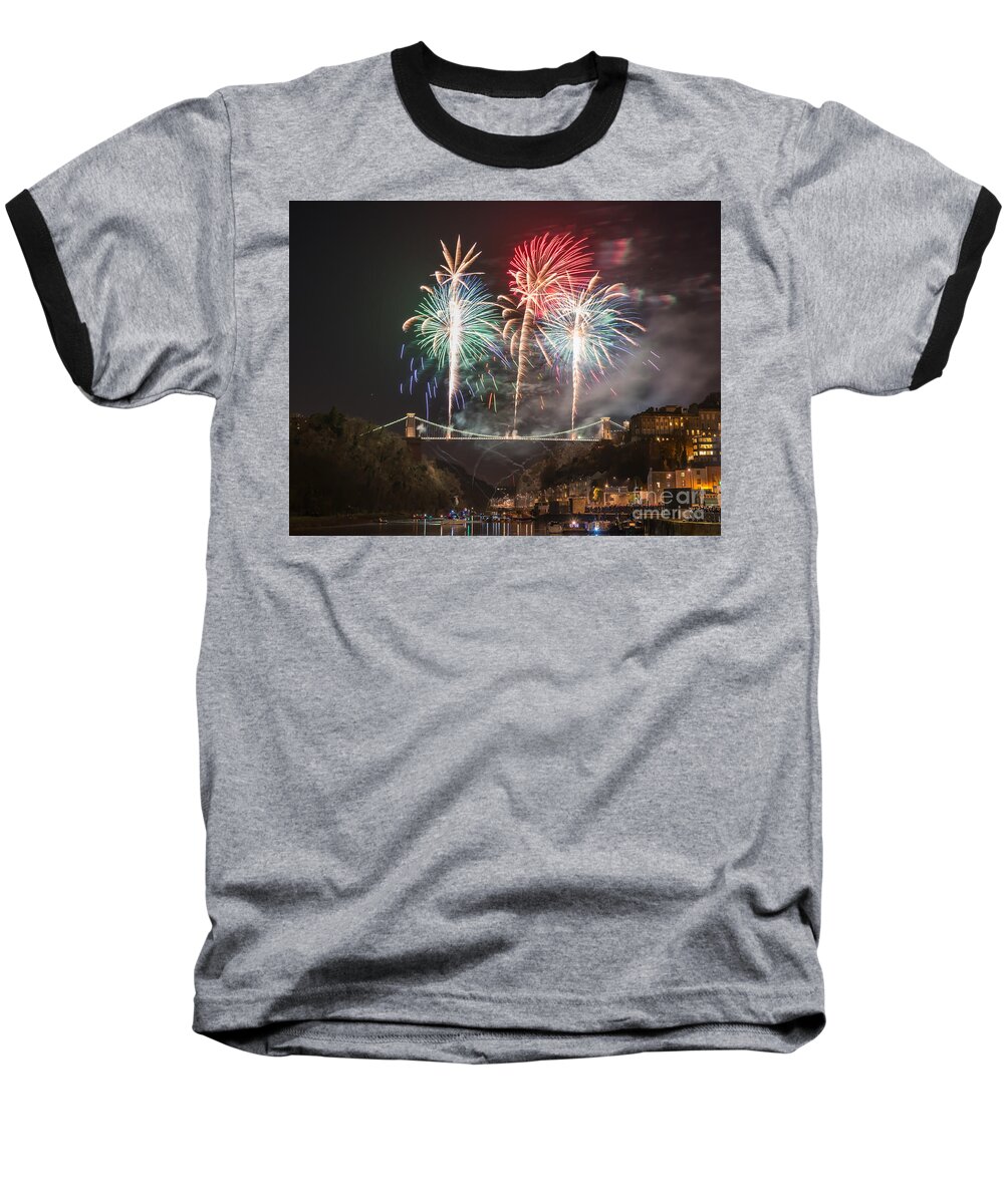 Fireworks Baseball T-Shirt featuring the photograph Clifton Suspension Bridge fireworks #5 by Colin Rayner