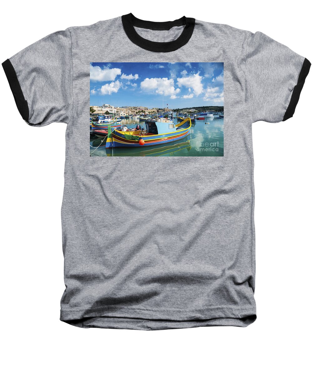 Attraction Baseball T-Shirt featuring the photograph Marsaxlokk Harbour And Traditional Mediterranean Fishing Boats I #5 by JM Travel Photography