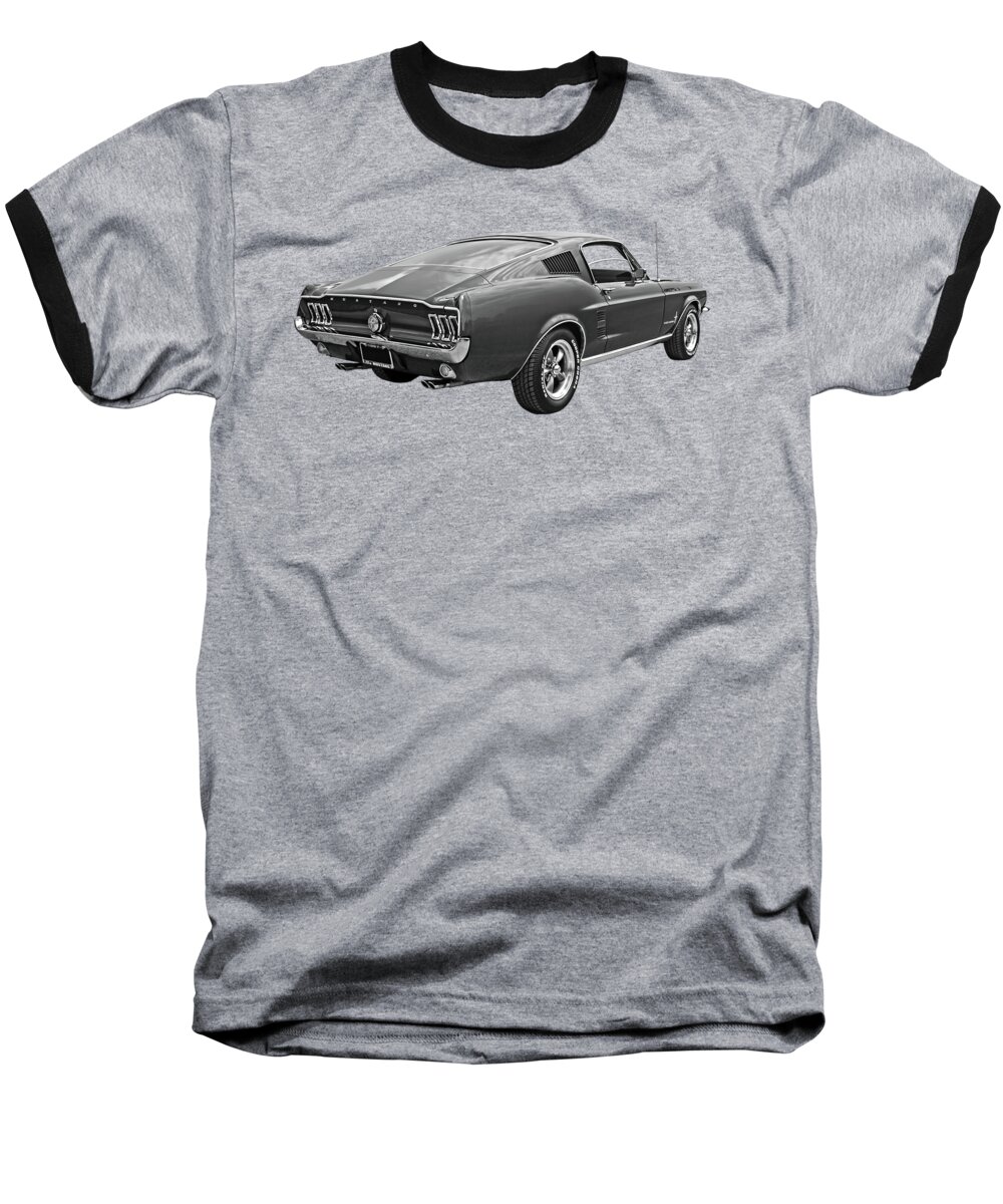 Mustang Baseball T-Shirt featuring the photograph 67 Fastback Mustang in Black and White by Gill Billington