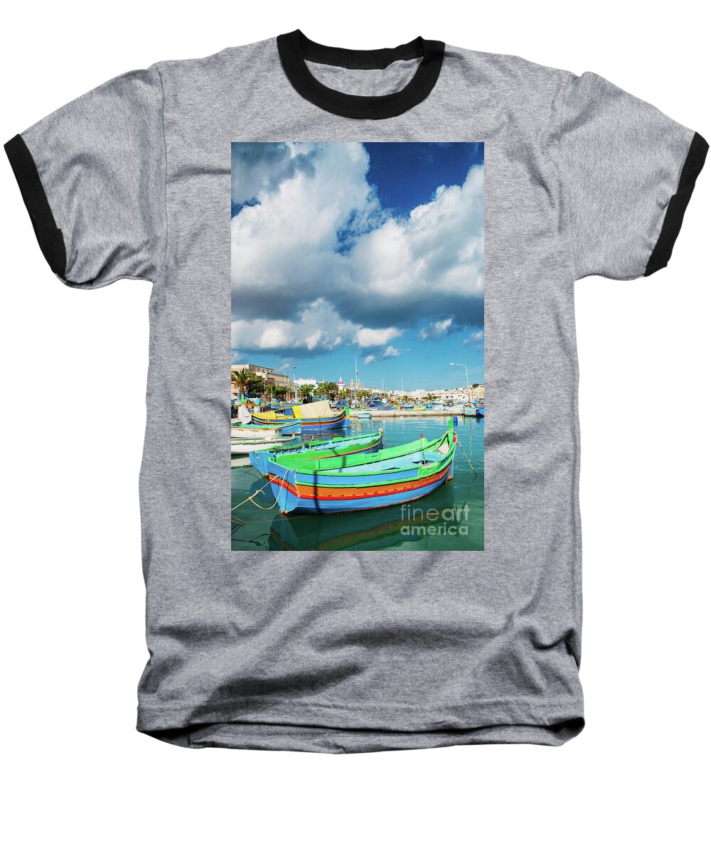 Attraction Baseball T-Shirt featuring the photograph Marsaxlokk Harbour And Traditional Mediterranean Fishing Boats I #8 by JM Travel Photography