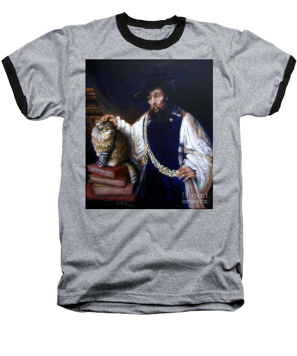 Rembrandt Baseball T-Shirt featuring the painting A cat for Rembrandt_ Aristotle Caresses Lulu by George I Perez