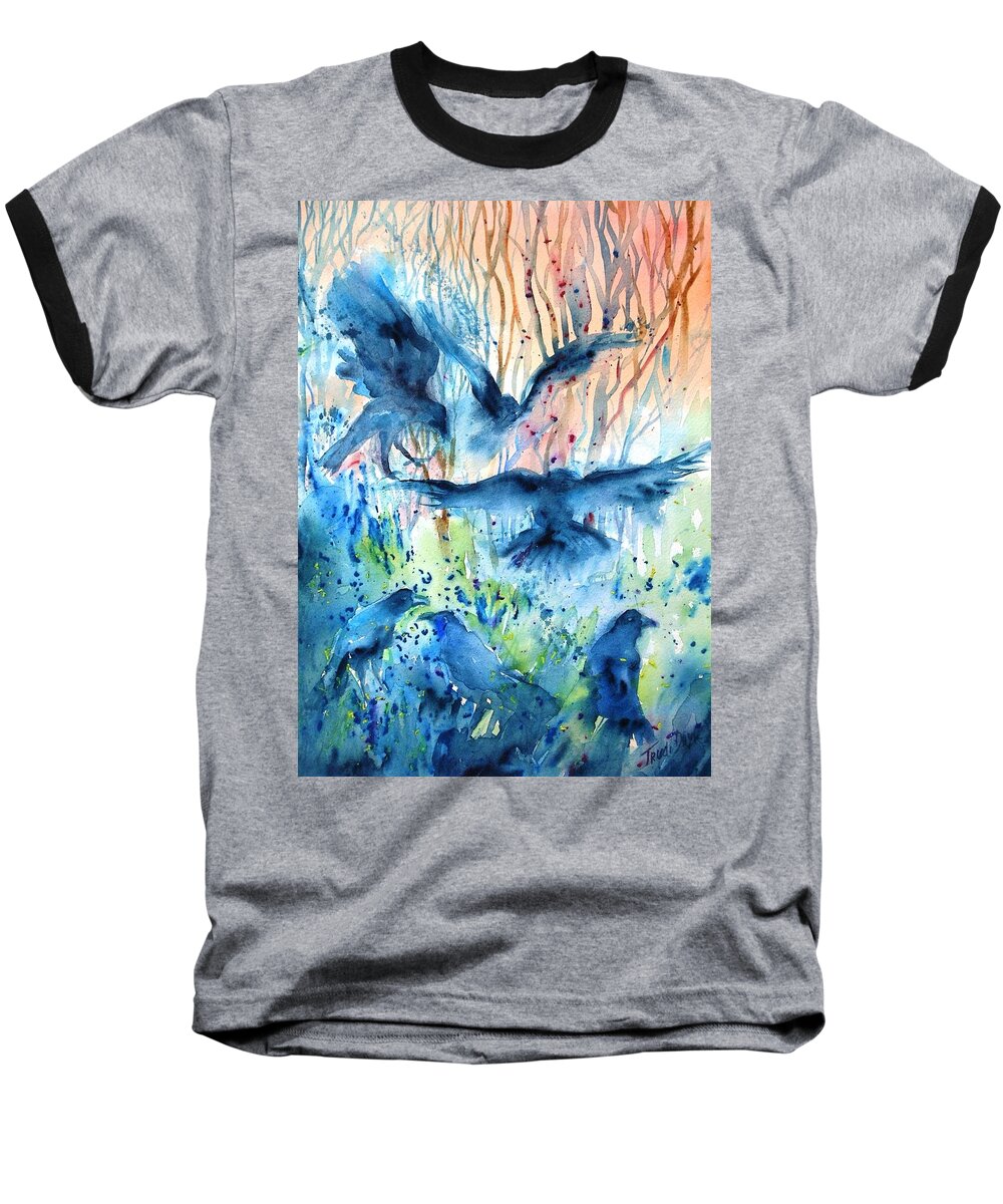 Raven Baseball T-Shirt featuring the painting A Conspiracy of Ravens by Trudi Doyle