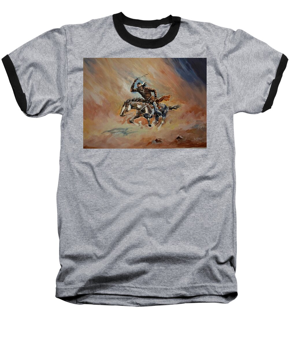 American Indian Baseball T-Shirt featuring the painting A Dash for Cover Racing Oncoming Sandstorm  by Al Brown