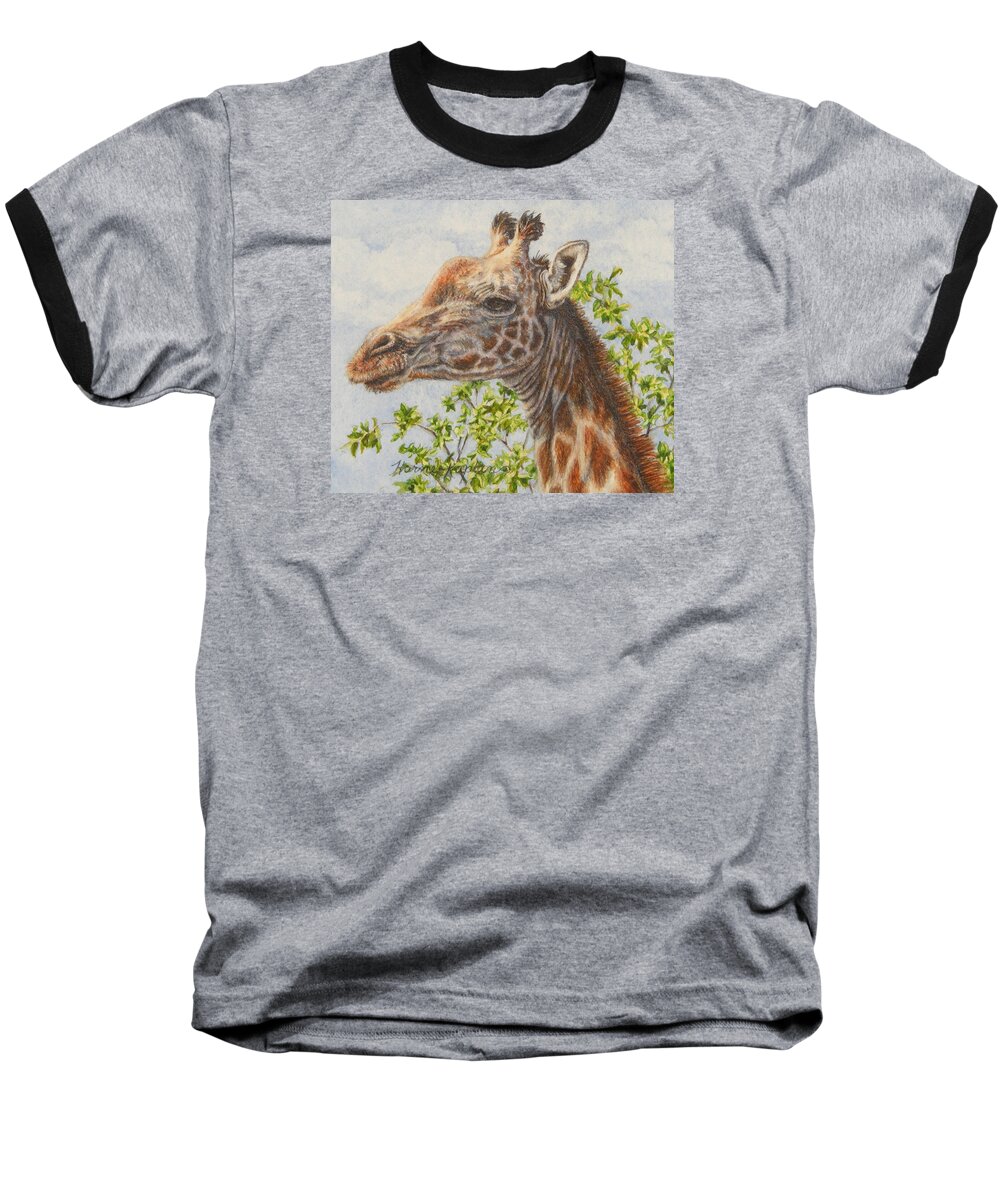 Giraffe Baseball T-Shirt featuring the painting A Higher Point of View by Denise Horne-Kaplan