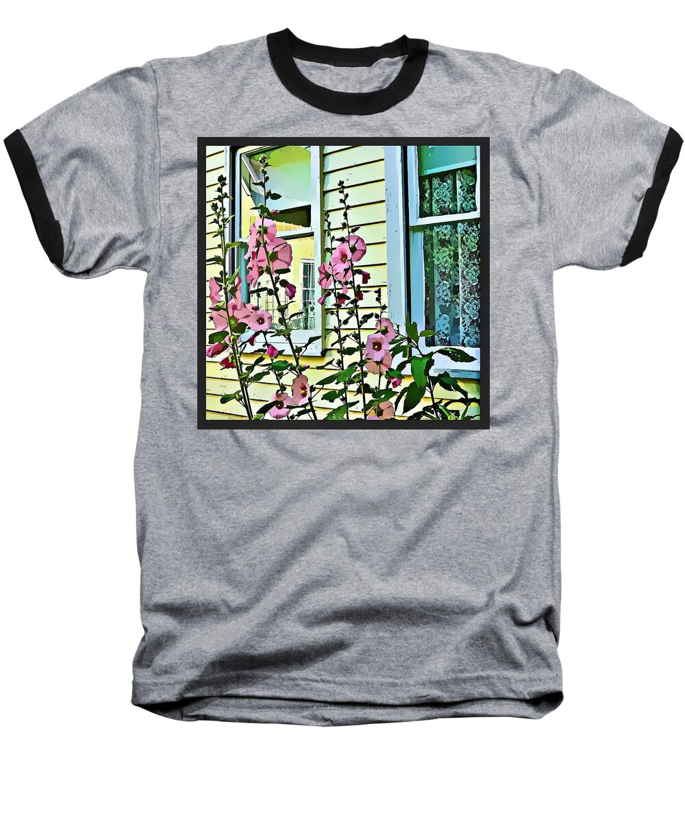 Holly Hocks Baseball T-Shirt featuring the digital art A Holly Hocks Morning by Mindy Newman