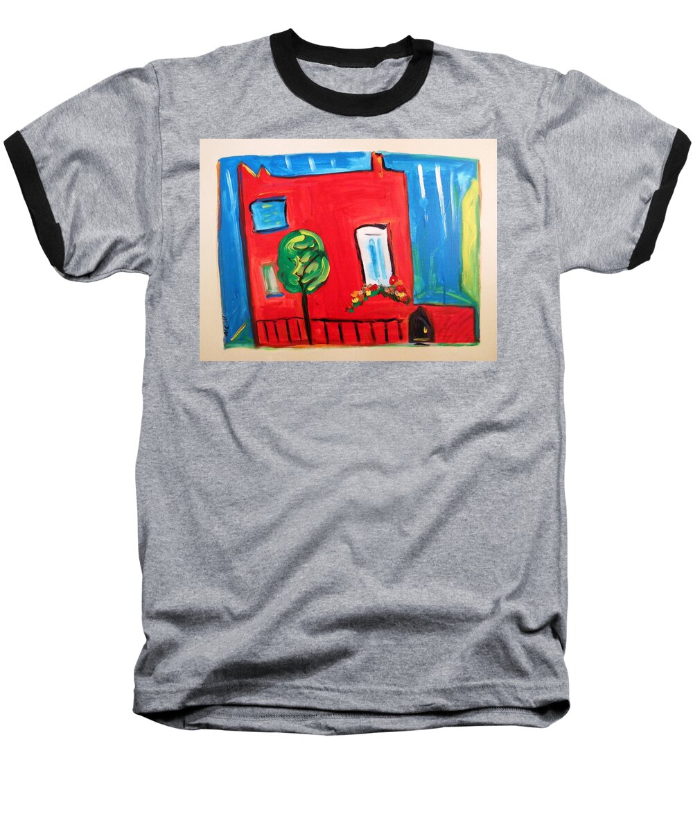 Red House Baseball T-Shirt featuring the painting A House with a Smile to Give by Mary Carol Williams