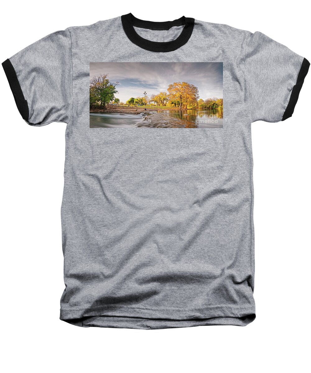 San Marcos Baseball T-Shirt featuring the photograph A Peaceful Fall Afternoon at Rio Vista Dam Park - San Marcos Hays County Texas Hill Country by Silvio Ligutti