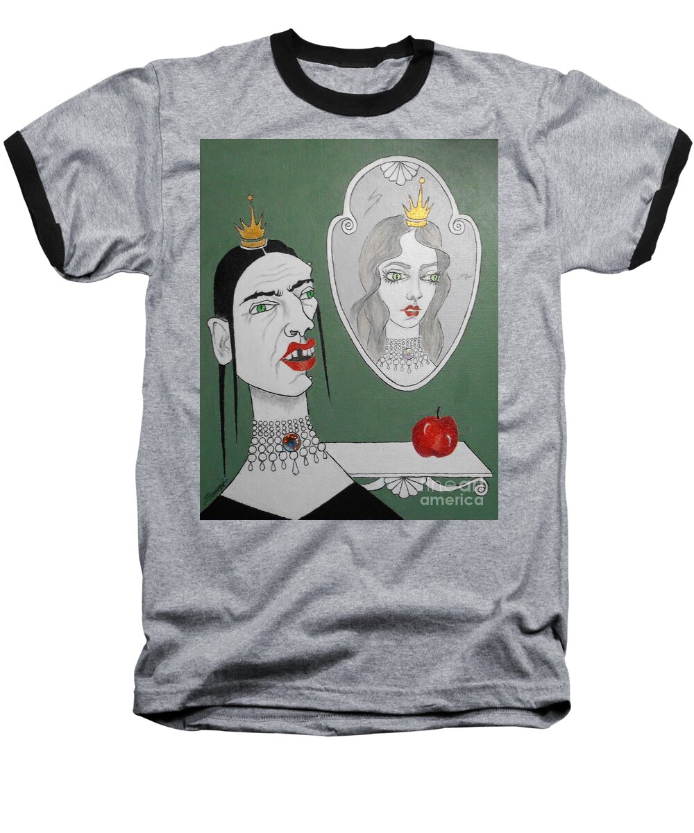 Snow White Baseball T-Shirt featuring the mixed media A Queen, Her Mirror and an Apple by Jayne Somogy