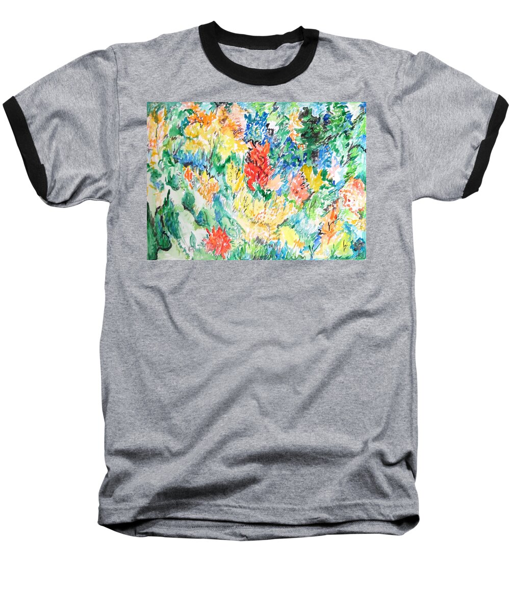 A Summer Garden Frolic Baseball T-Shirt featuring the painting A Summer Garden Frolic by Esther Newman-Cohen